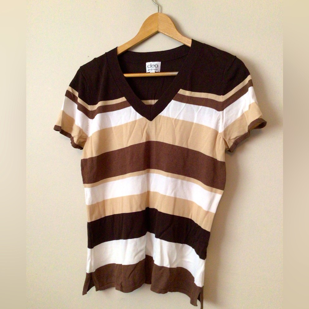 cleo Brown, Tan & White Striped V-Neck Sweater